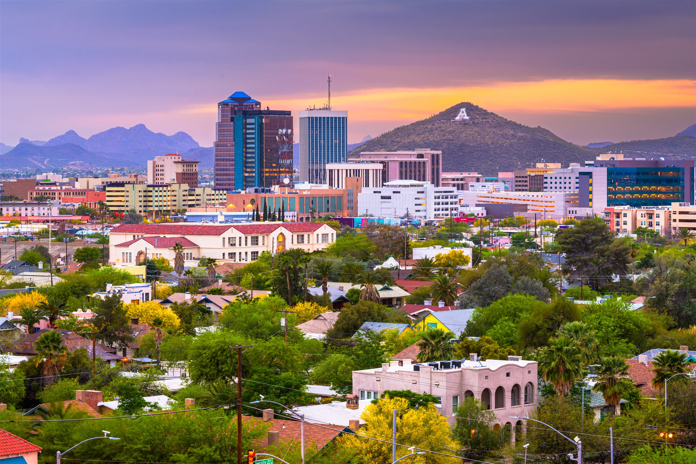 Tucson skyline with A Mountain at sunset