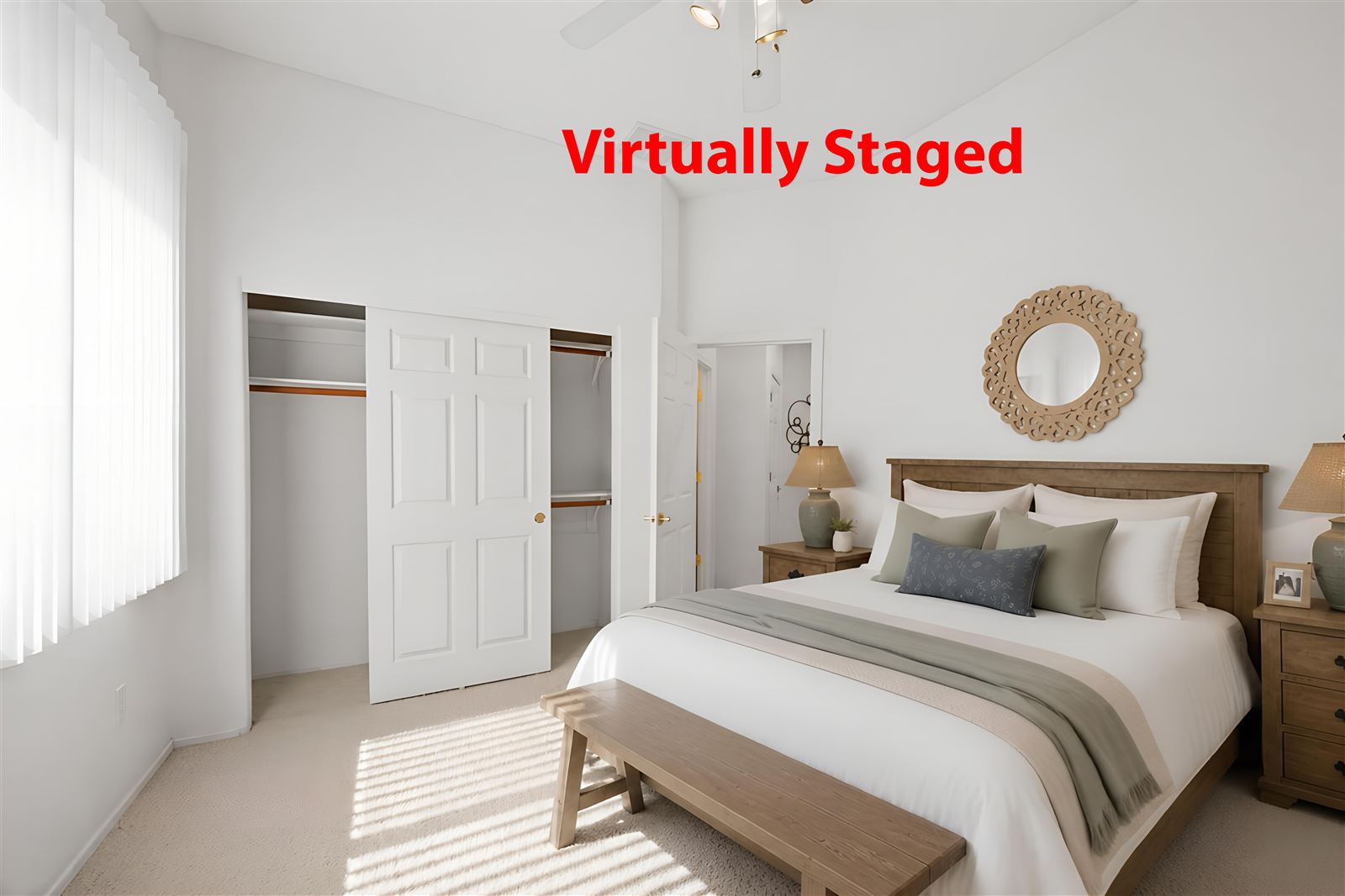 Bedroom with closet, virtually staged