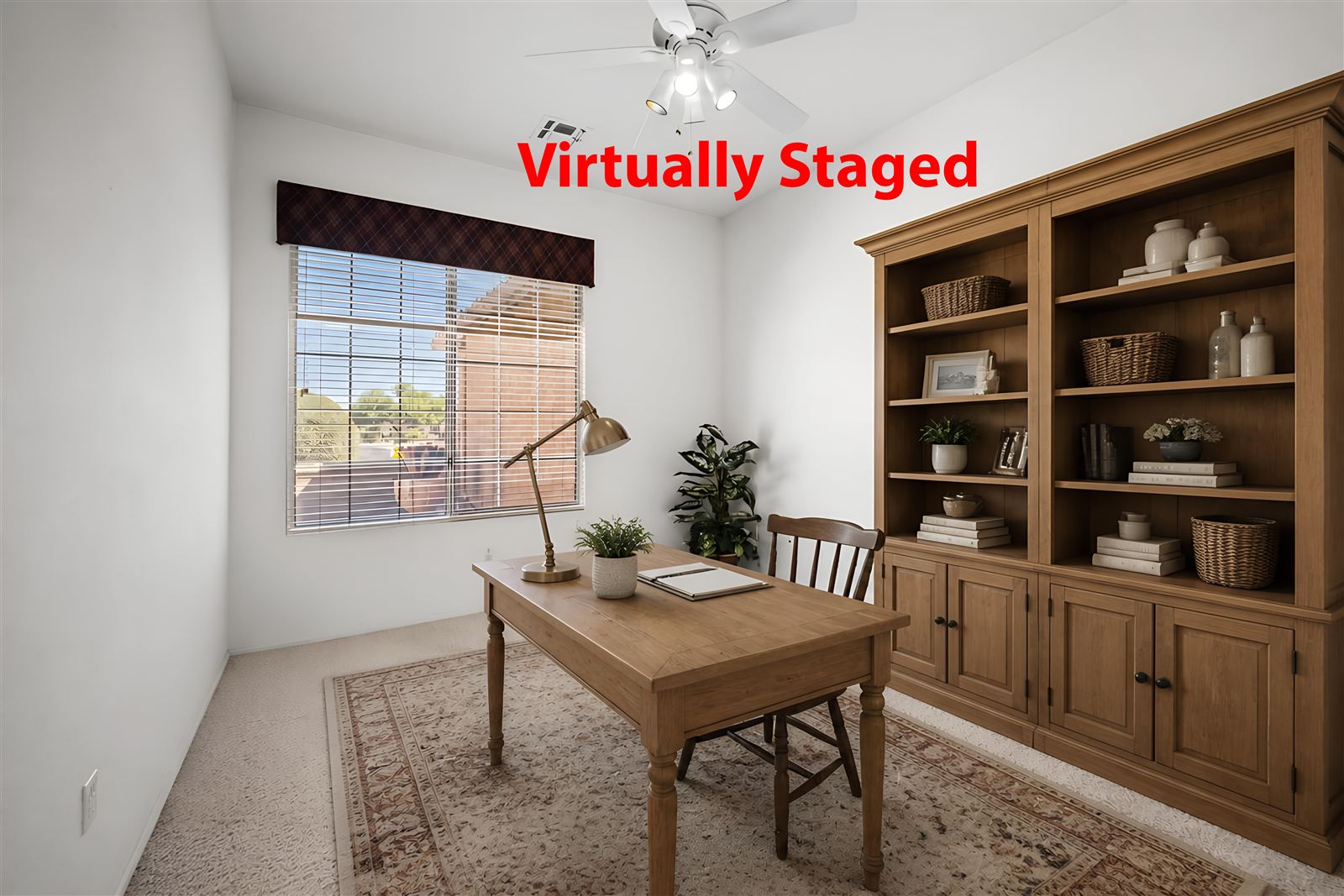 Den as a home office, virtually staged